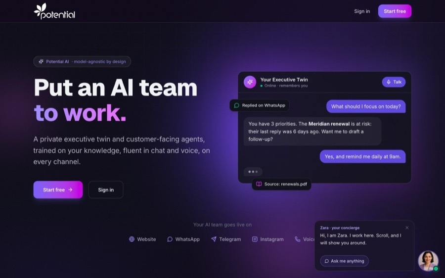 Screenshot of the live Potential AI Hub site